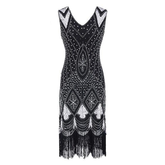 Vestido Vintage 1920s Lentejuelas Negro Plata