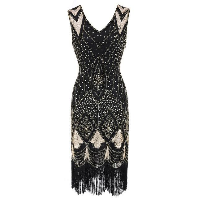 Vestido Vintage De La Década De 1920 Con Lentejuelas Doradas Negras